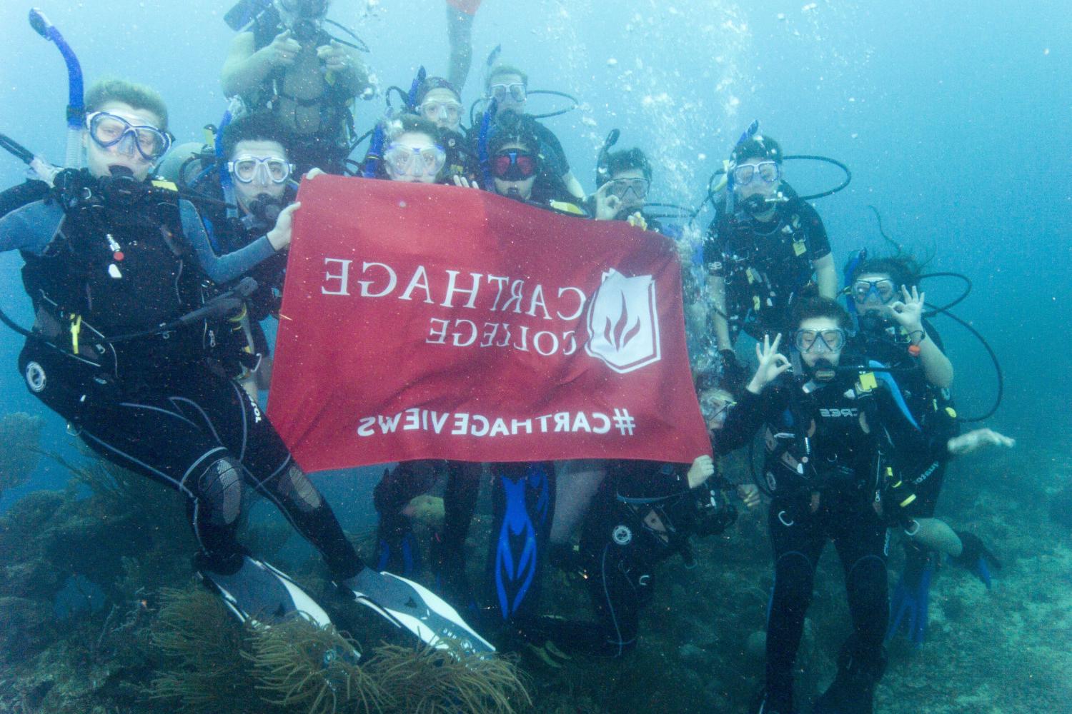 学生们手持<a href='http://ikp.qlpty.com'>bv伟德ios下载</a>旗帜，在j学期洪都拉斯游学之旅中潜水.